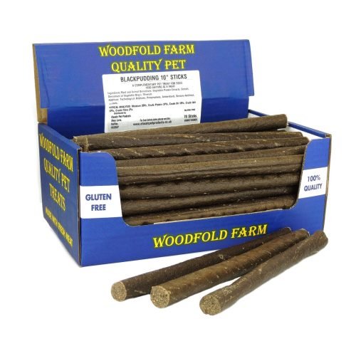 Dog Treat Sticks Black Pudding 10" (25cm) - Box of 70 | Woodfold Farm