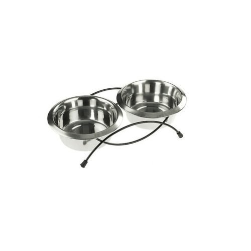 Dog Bowl Stand Raised Twin 2 x 470ml Stainless Steel Anti-Tip Dishes - 65mm High | Classic
